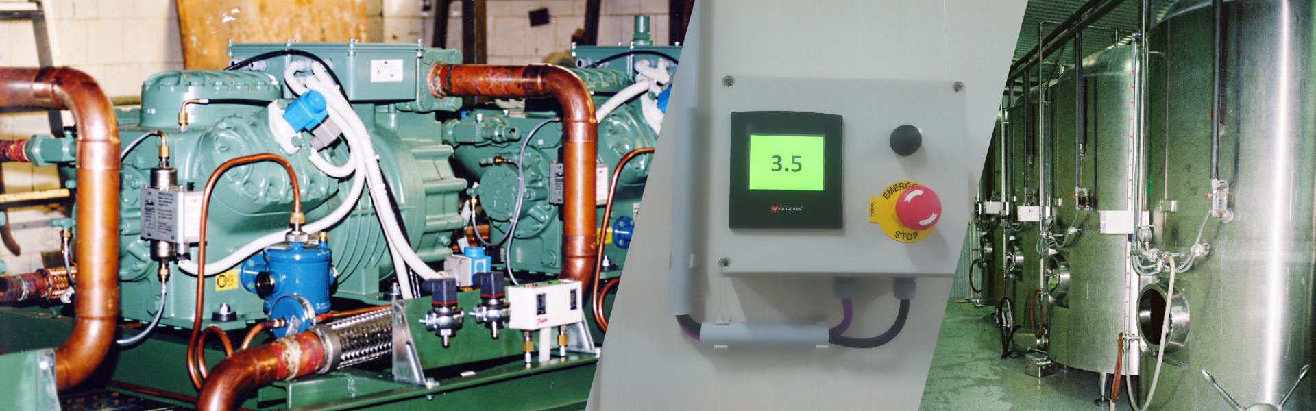 Background image with a Pusnis remote control panel, beer barrels, and a compressor.